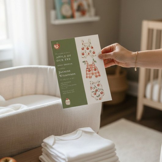 水彩画のリンゴのベイビーシャワー　グリーンとレッドの衣装 招待状