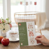 水彩画のリンゴのベイビーシャワー　グリーンとレッドの衣装 招待状