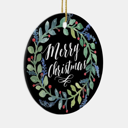水彩画のリースのクリスマスの写真の黒 セラミックオーナメント (右)