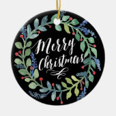 水彩画のリースのクリスマスの写真の黒 セラミックオーナメント (正面)