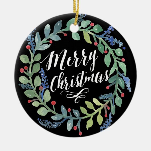 水彩画のリースのクリスマスの写真の黒 セラミックオーナメント (正面)