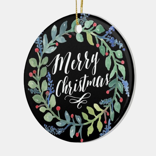 水彩画のリースのクリスマスの写真の黒 セラミックオーナメント (左)