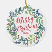 水彩画のリースのクリスマスの写真 セラミックオーナメント (正面)