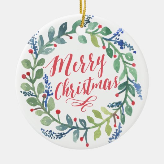 水彩画のリースのクリスマスの写真 セラミックオーナメント (正面)