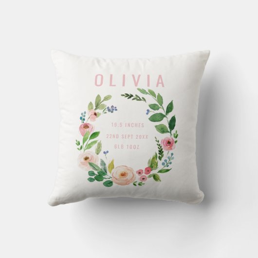 水彩画のリースの赤面のピンクの写真の誕生の詳細 クッション (裏面)