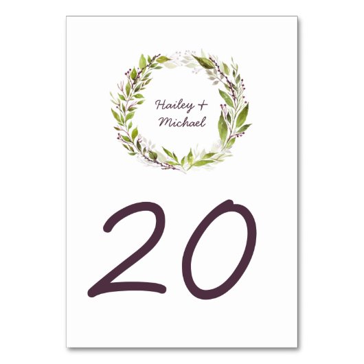 水彩画のリースはプラム果実にテーブルカードを去ります テーブルナンバー (正面)