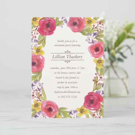 水彩画のリース|の花の退職パーティー 招待状 (スタンド正面)