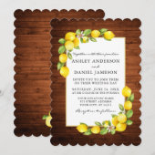 水彩画のレモンとグリーンがあしらわれた木製のウェディング 招待状 (正面/裏面)