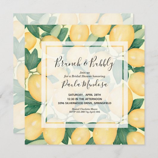 水彩画のレモンとグリーン ブライダルシャワーの招待状 (正面/裏面)