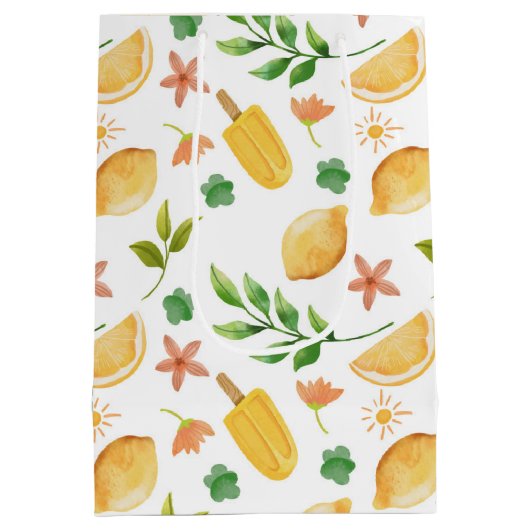 水彩画のレモンとポップスキャンデルのミディアムギフトバッグ ミディアムペーパーバッグ (裏面)