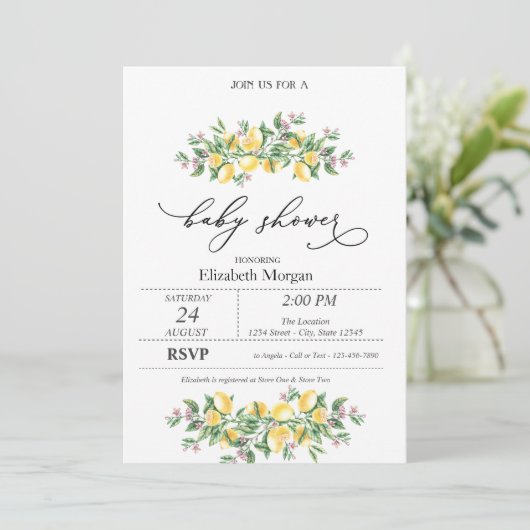 水彩画のレモンと植物の花のベビーシャワー 招待状 (スタンド正面)