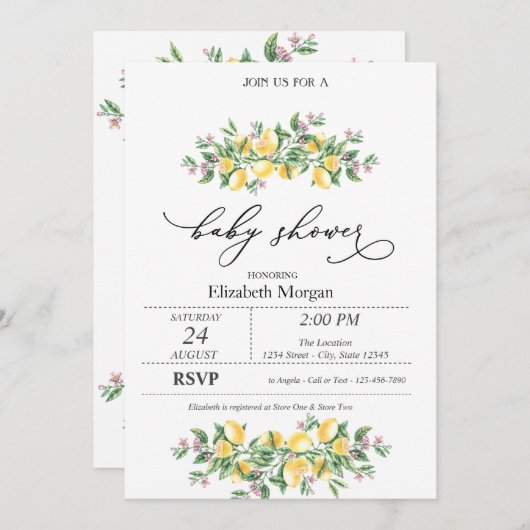 水彩画のレモンと植物の花のベビーシャワー 招待状 (正面/裏面)