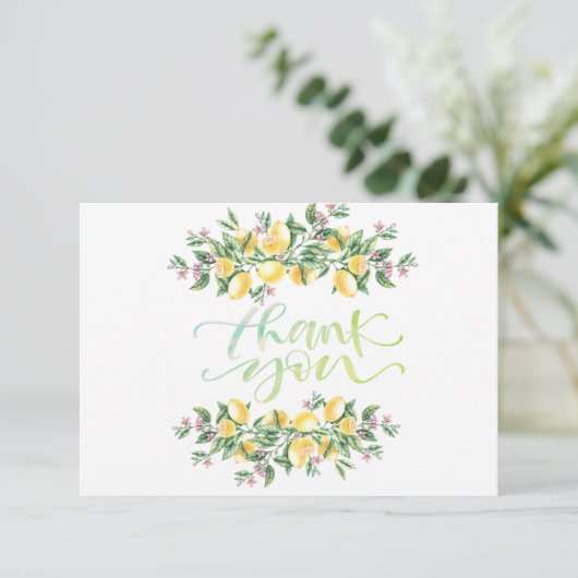 水彩画のレモンと植物の花の感謝カード サンキューカード (スタンド正面)