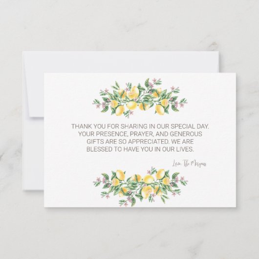 水彩画のレモンと植物の花の感謝カード サンキューカード (裏面)