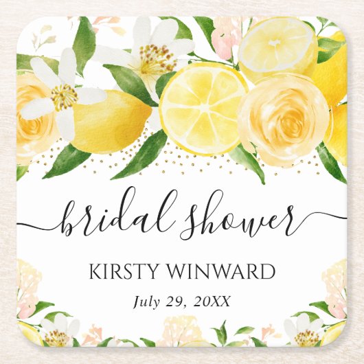 水彩画のレモンと花のウェディングシャワー スクエアペーパーコースター (正面)