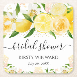 水彩画のレモンと花のブライダルシャワー スクエアペーパーコースター