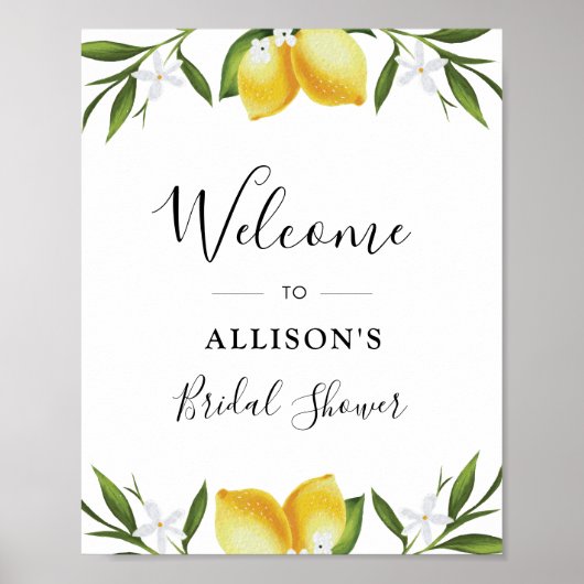 水彩画のレモンを使ったウェディングシャワーのウェルカムサイン ポスター (正面)