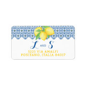 水彩画のレモン色の青い地中海のタイル ラベル (正面)