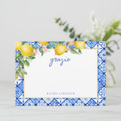 水彩画のレモン イタリアンブルータイル ブライダルシャワー サンキューカード (スタンド正面)
