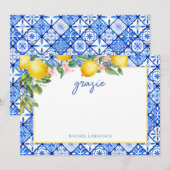 水彩画のレモン イタリアンブルータイル ブライダルシャワー サンキューカード (正面/裏面)