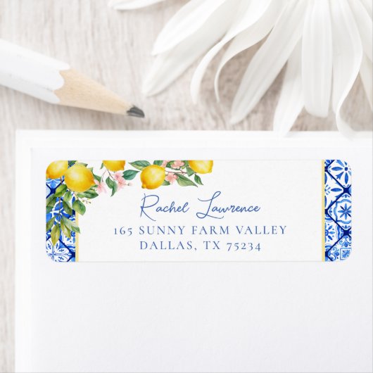 水彩画のレモン イタリアンブルータイル 返送先住所 ラベル (インサイチュ)