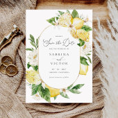 水彩画のレモン シトラス 緑の木々 Save the Date 招待状