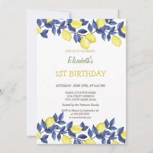 水彩画のレモン ブルー メディテレーニア  誕生日 招待状 (正面)