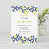 水彩画のレモン ブルー メディテレーニア  誕生日 招待状 (スタンド正面)