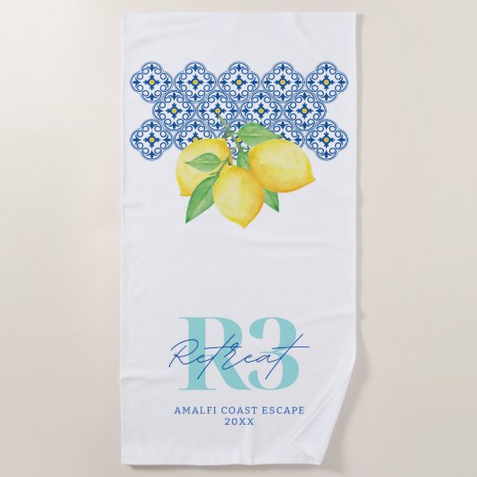 水彩画のレモン メディテレーニアンタイル ロゴ ビーチタオル (正面)