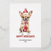 水彩画のロングヘアーチワワ ハッピー ホリデイズ 箔シーズンカード (正面)