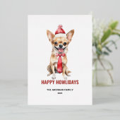 水彩画のロングヘアーチワワ ハッピー ホリデイズ 箔シーズンカード (立ち正面)