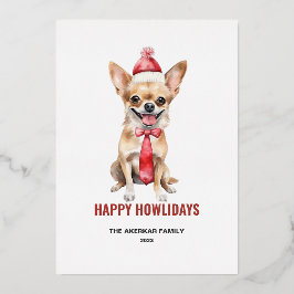 水彩画のロングヘアーチワワ 幸せなホリデーシーズン 箔シーズンカード