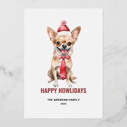 水彩画のロングヘアーチワワ 幸せなホリデーシーズン 箔シーズンカード (正面)