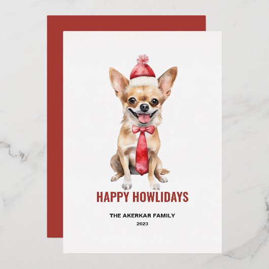 水彩画のロングヘアーチワワ 幸せなホリデーシーズン 箔シーズンカード (正面/裏面)