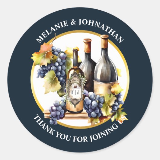 水彩画のワインボトル ぶどうのモノグラム 田舎 ラウンドシール (正面)