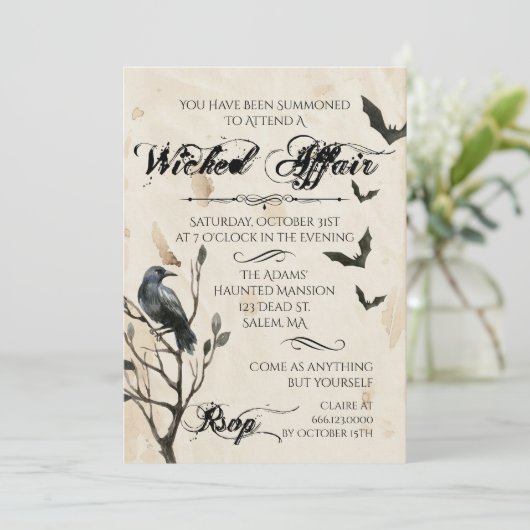 水彩画のワタリガラス及びこうもりのハローウィンパーティ 招待状 (スタンド正面)
