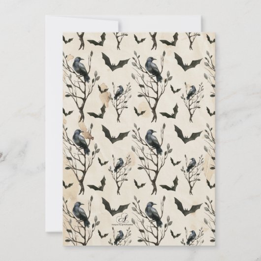 水彩画のワタリガラス及びこうもりのハローウィンパーティ 招待状 (裏面)