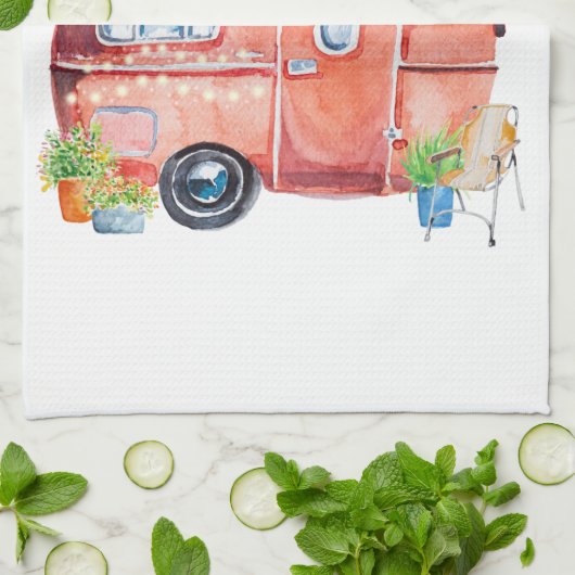 水彩画のヴィンテージのレトロのキャンピングカーのキャラバン キッチンタオル (折り畳み)