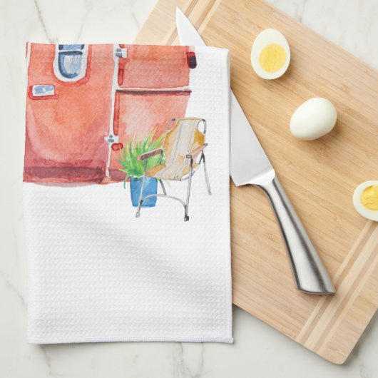 水彩画のヴィンテージのレトロのキャンピングカーのキャラバン キッチンタオル (四つ折り)