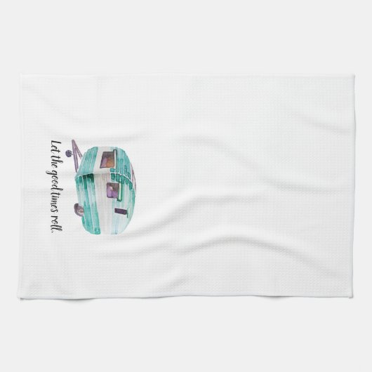水彩画のヴィンテージのレトロのキャンピングカーの台所皿タオル キッチンタオル (横)