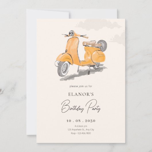 水彩画のヴィンテージスクーターアートの誕生日 招待状 (正面)