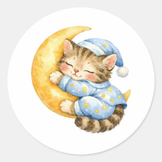 水彩画の三日月に寝そべる子猫 ラウンドシール