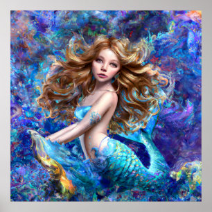 水彩画の下の人魚の海の女神ニンフ・サイレン ポスター