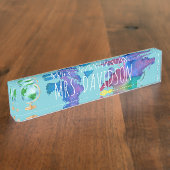 水彩画の世界地図のネームプレート デスクネームプレート (側面)