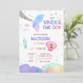 水彩画の人魚の誕生日の招待 招待状 (スタンド正面)