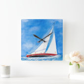 水彩画の公海帆船 スクエア壁時計 (ホーム)