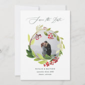 水彩画の冬のリースの写真の保存日付 サンキューカード (正面)