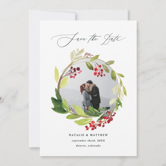 水彩画の冬のリースの写真の保存日付 サンキューカード (正面)