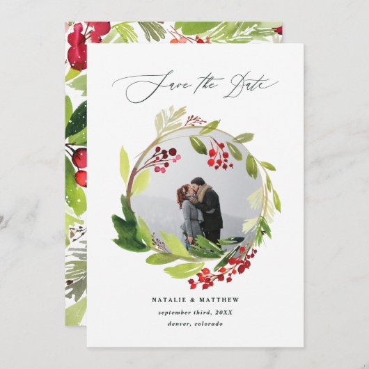 水彩画の冬のリースの写真の保存日付 サンキューカード (正面/裏面)