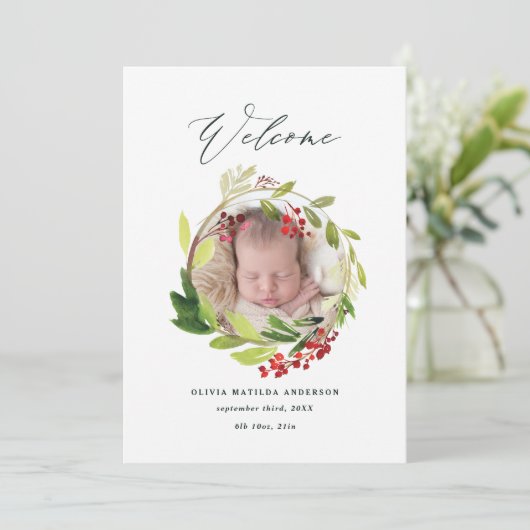 水彩画の冬のリースの誕生の発表 サンキューカード (スタンド正面)